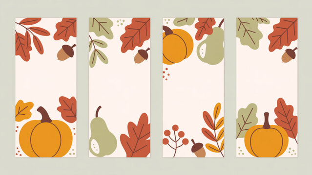 Set of vertical social media backgrounds with autumn ornaments pumpkins berries leaves and fruits for seasonal post story and template design
