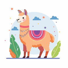 Naklejka premium Cute Cartoon Llama with Colorful Blanket and Stars