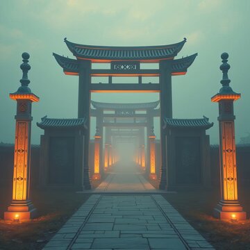 Traditional Chinese pailou gate with red pillars and characters on the mountain background. Stone arch with curved roof and gold decoration. Asian historical architecture.