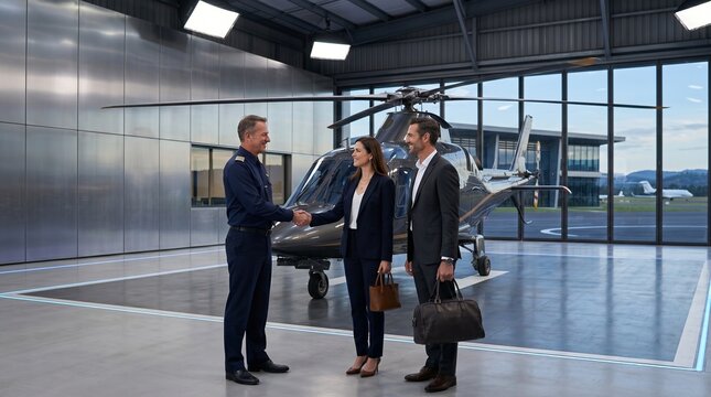A commercial pilot in uniform greets clients beside a small private helicopter at a landing site