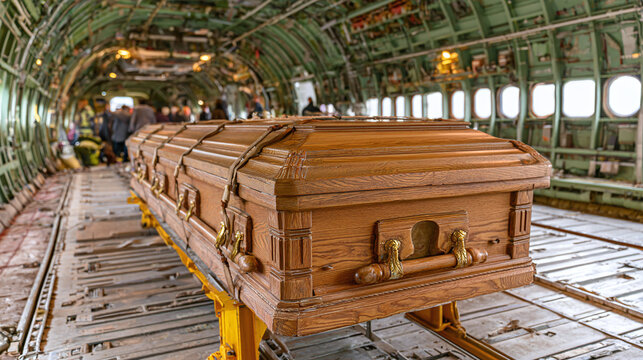 Wooden coffin with ornate handles is loaded into an airplane cargo bay. Air transport of deceased person for international burial or repatriation services.