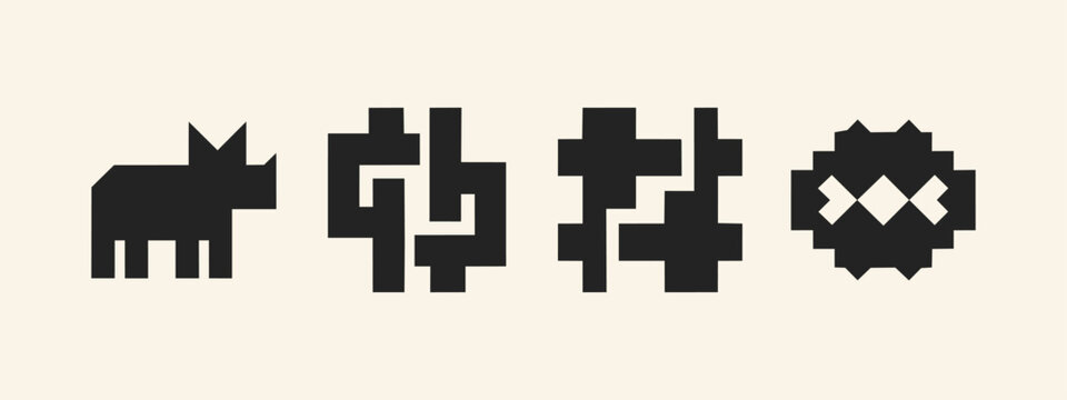 Set of black minimalist pixel art icons featuring a rhinoceros and abstract geometric symbols