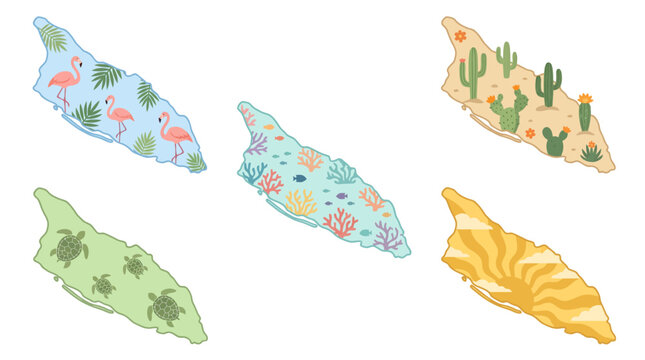 Illustrated maps of Aruba showcasing diverse natural habitats including flamingos, coral reefs, desert cacti, and sea turtles.
