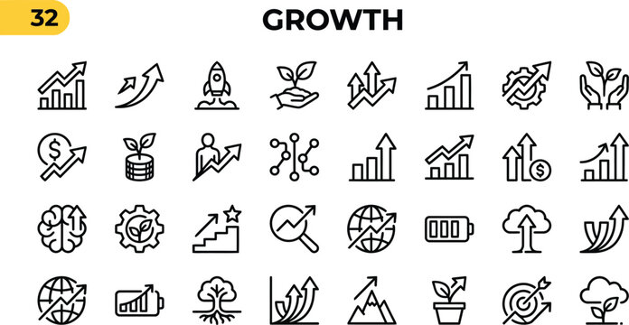 Icons depicting growth and development showcase various metrics and concepts for tracking business progress and success.