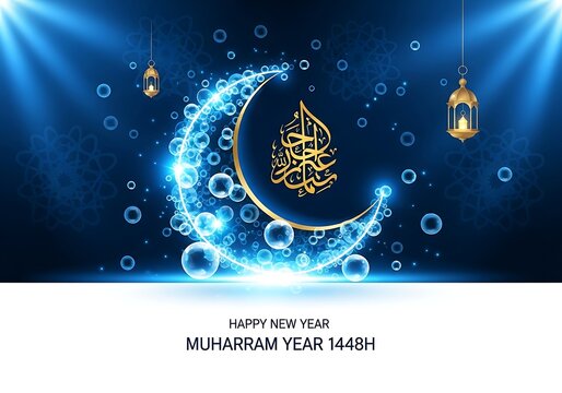 Islamic new year muharram 1448h greeting card with golden crescent and lanterns