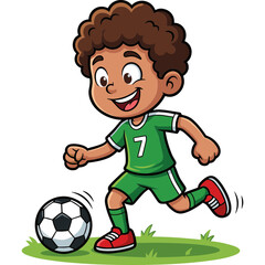 Obraz premium A happy boy kicks a soccer ball on the grass field with enthusiasm.