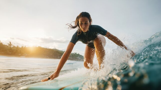 Female surfer riding a wave on a turquoise surfboard at sunset with ocean and shoreline background