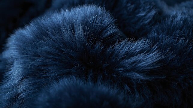 Close-up of dark blue fluffy faux fur texture, soft and luxurious fabric detail