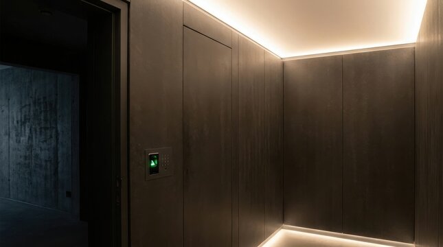 Minimalist modern interior design with seamless wood paneling and integrated LED lighting