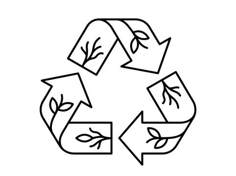 Black and white recycle symbol icon with organic plant leaf growth