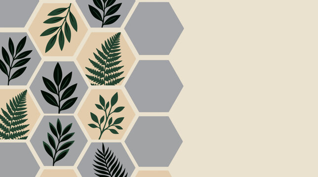 Modern botanical pattern with green leaves and ferns in a hexagonal grid on gray and beige backgrounds
