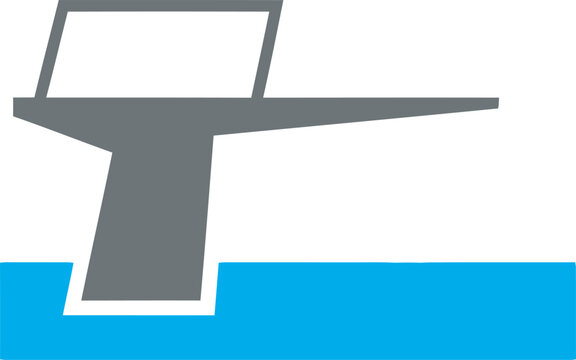 Minimal flat vector diving board extending over blue pool water with geometric support structure. Clean aquatic sports illustration isolated on light background for swimming, recreation, and leisure.