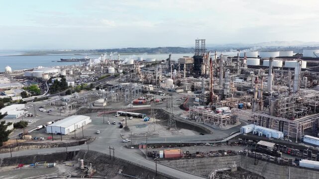 Phillips 66 Rodeo Renewable Energy Complex with industrial infrastructure and storage tanks along San Pablo Bay coast, California. Aerial backwards wide shot. Cloudy day in USA.