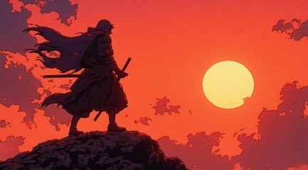 Fototapeta premium A samurai silhouette with a katana, meditating against the backdrop of a huge setting sun. Retro anime style, red sky with clouds. Japanese warrior aesthetics, zen, and inner peace. Japanese aesthetic