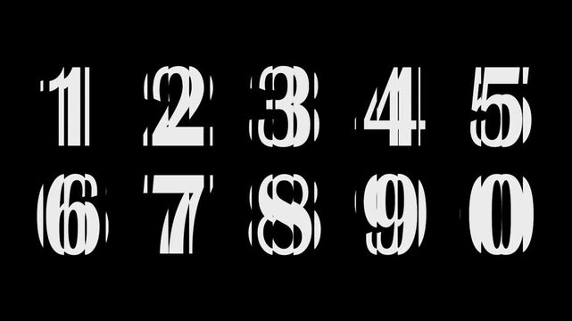 Hologram break distort numbers on black background. Vector cartoon illustration. Numbers from 1 to 10 with the effect of glass, refraction. 