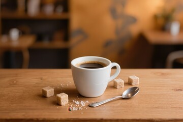 Obraz premium Tasse de café chaud sur une table en bois dans une ambiance chaleureuse de café