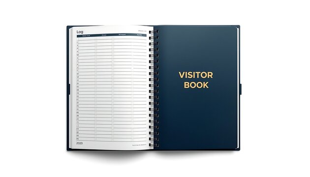 An open visitor log book with lined pages and a dark blue cover rests on a white surface.
