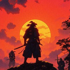Fototapeta premium A samurai silhouette with a katana, meditating against the backdrop of a huge setting sun. Retro anime style, red sky with clouds. Japanese warrior aesthetics, zen, and inner peace. Japanese aesthetic