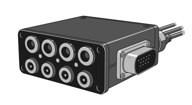 Compact electronic module with multiple circular ports and a D-sub connector.