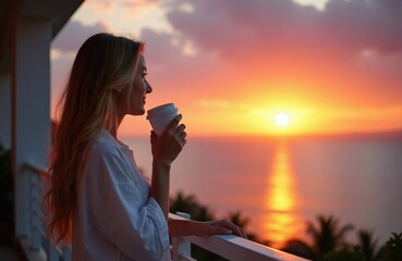 Fototapeta premium Young woman with blonde hair drinks coffee from cup on balcony at sea sunset. She enjoys warm drink and beautiful view. Relaxation and vacation vibes are palpable.