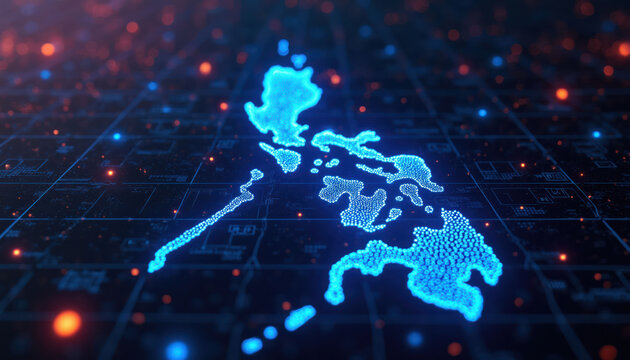 Digital map of Philippines made of blue glowing dots. Grid lines and abstract tech particles create futuristic background. Data network visualization.