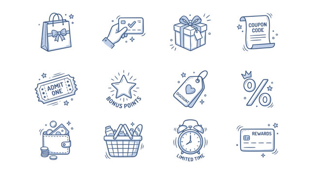 Reward and loyalty program icons for marketing, shopping, and customer engagement