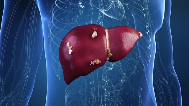 3D animation showing liver cyst, hepatitis, cirrhosis, fibrosis, malignant tumor, viral infection, liver failure, and hepatocellular carcinoma. Digestive system pathology visualized.