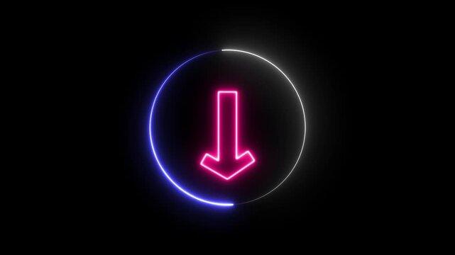 File #:  dual-color neon download icon with circular outline on dark background highlighting ongoing file transfer. Dual Tone Neon Download Icon with Circular Outline on Black Background blue