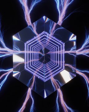 Purple hexagonal prism cube with glowing blue and pink lines on black background
