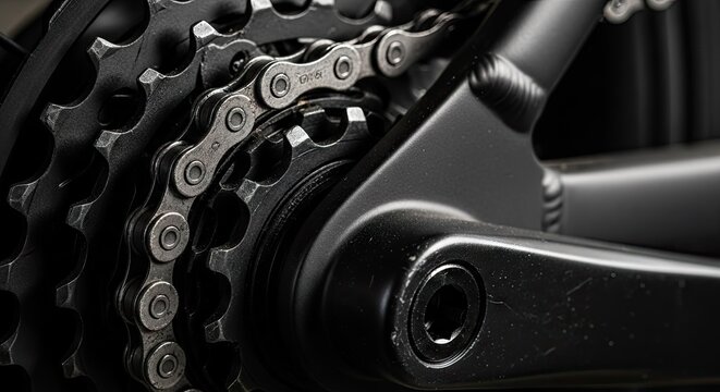Close-up of black bicycle cassette gears and metal chain.
