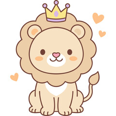 Fototapeta premium A cute lion wearing a crown sits on the ground with hearts around.