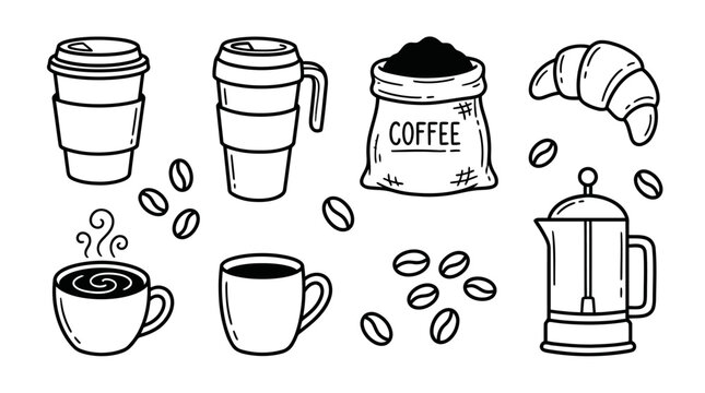 Artistic hand-drawn collection of coffee essentials, beans, and morning pastries