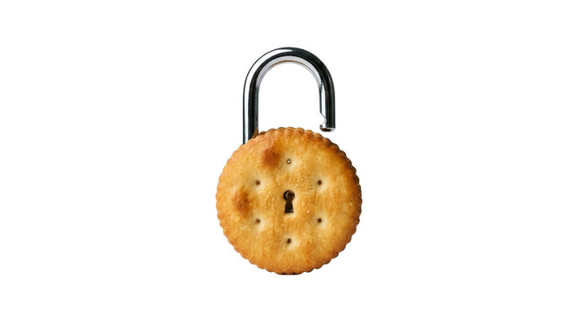 Metal padlock with round cracker locked mechanism isolated on transparent png background.