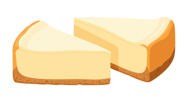 Two Slices of Creamy Cheesecake with Biscuit Crust, Isolated on White Background