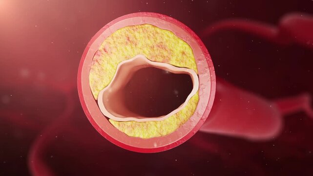 Thrombus and cholesterol deposit on vessel walls. Atherosclerotic plaques accumulate, causing cerebral stroke, myocardial infarction, hyperlipidemia. Vascular disease concept in 3D.
