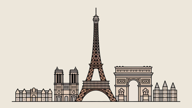 Eiffel tower with paris landmarks in minimalist line art style