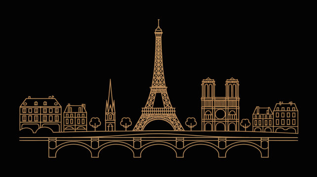 Colorful vector illustration of paris landmarks including eiffel tower and notre dame with bridge