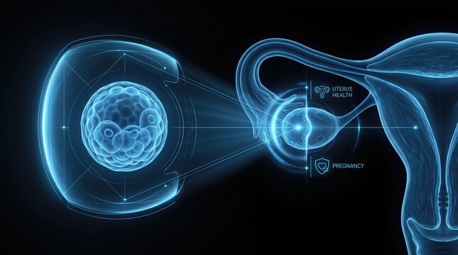 Digital illustration of human embryo implantation in the uterus.