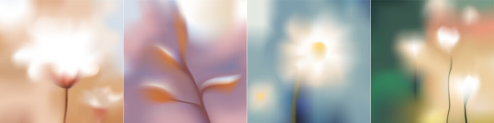 Fototapeta premium Blurry botanical art. Autumn, winter, spring, summer aesthetic blurred flowers, plants. Soft pastel calm mood. Ethereal unfocused macro flowers.