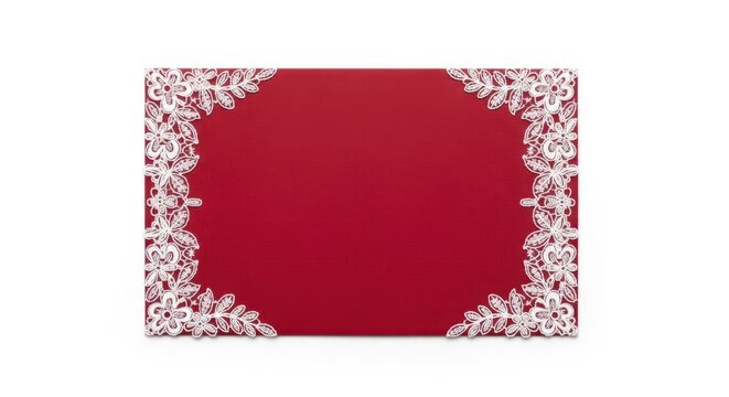 Blank red rectangular card decorated with white floral lace border against plain white seamless background, concept of romantic wedding invitation