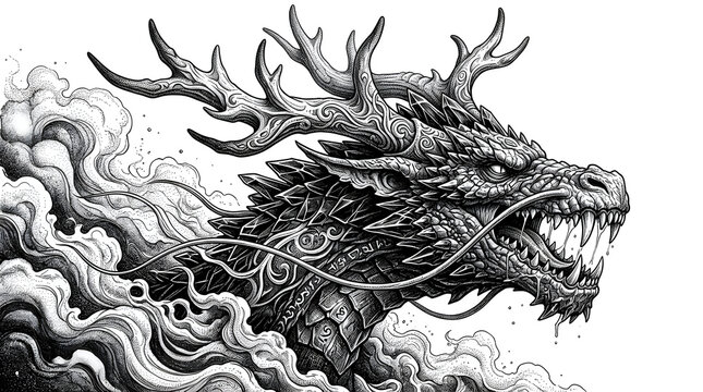 Mythical Dragon of Power: A majestic dragon, wreathed in mystical smoke, stares with intensity. Detailed art, emphasizing power and ancient lore.