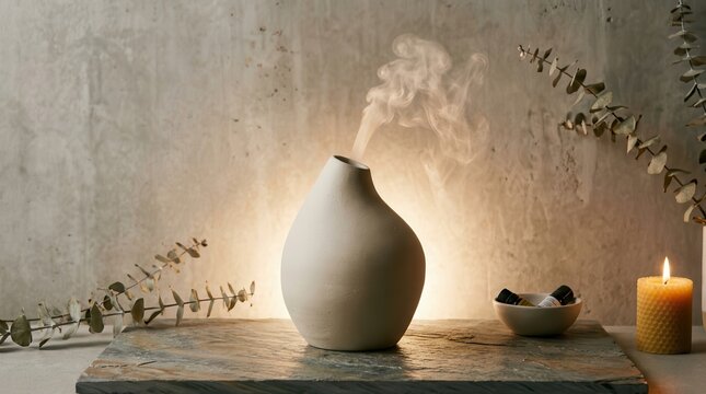 Sculptural Matte Ceramic Aroma Diffuser Emitting Gentle Steam in a Warmly Lit Interior Setting