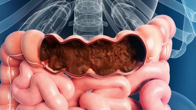 Stool remains in rectum, unable to discharge. Intestinal peristalsis slows, toxins stay in gut. Intestinal dysfunction, enteritis, and digestive diseases. 4K, alpha channel.