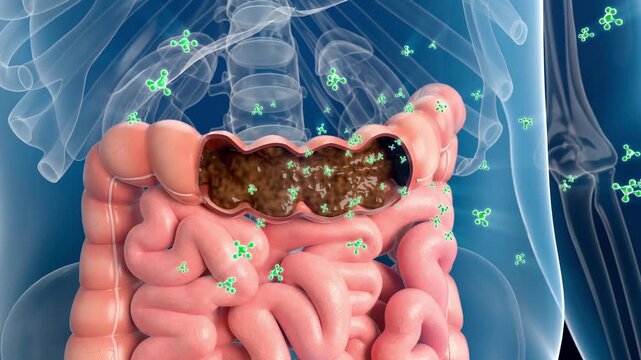 Intestinal probiotics eliminate viruses and feces, promote intestinal motility, activate peristalsis, and remove toxins. Intestinal and digestive health concept. 3D rendering. 4K.