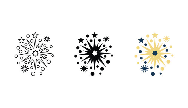 Celebratory firework burst icons in three distinct styles including outline silhouette and flat colored vector graphics for party and event design