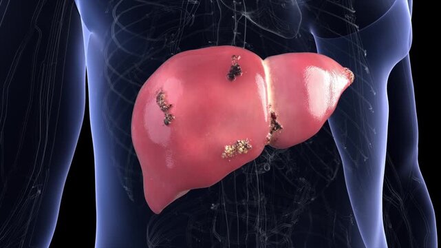 Cancer cells spreading through the liver, turning healthy tissue into lesions, cirrhosis, and hepatitis. 3D animation visualizing liver cancer metastasis and damage. Alpha channel.