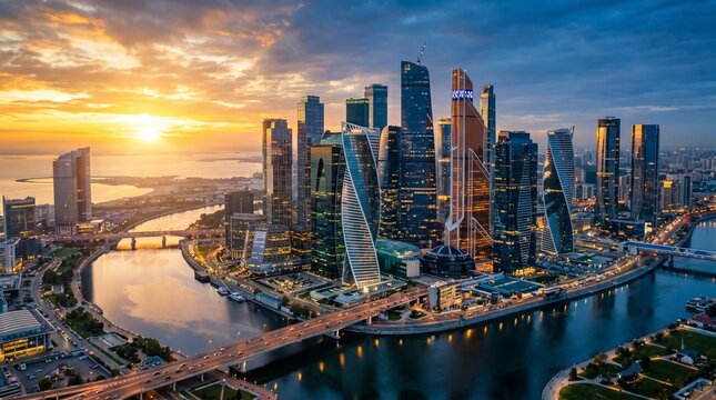 Modern city skyline with glass skyscrapers and river at sunset, aerial view of urban business district with orange golden hour light, corporate and real estate concept