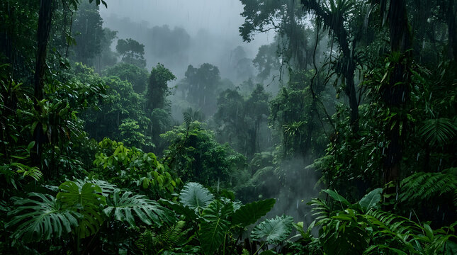 Misty tropical rainforest with lush green foliage and dense vegetation shrouded in fog.