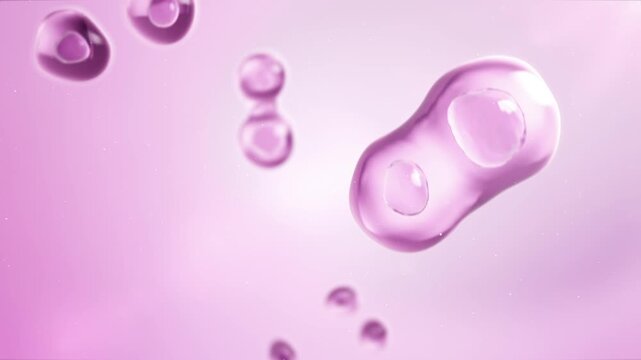 Stem cell division and cloning under microscope for future beauty treatments. Mitosis closeup, anti-aging breakthrough. 3D animation. Purple background.