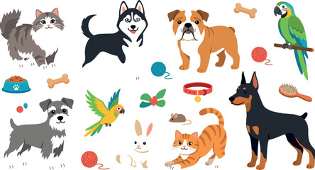 Cute Pet Vector Set with Dogs, Cats, Birds, and Playful Animal Accessories for Pets, Toys, Collars, and Home Illustration Designs © Md